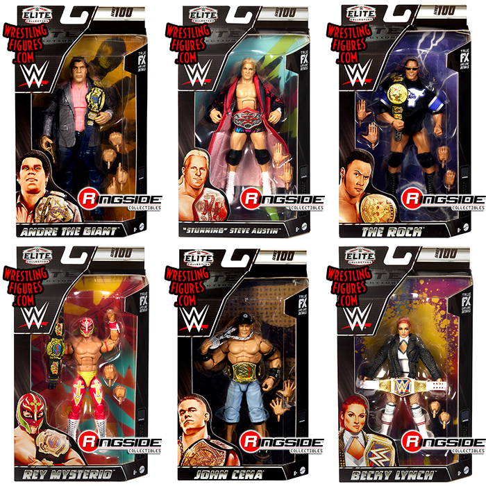 WWE Elite 100 - Complete Set of 6 WWE Toy Wrestling Action Figures by  Mattel! This set includes: Andre the Giant, John Cena, The Rock, Rey  Mysterio, Becky Lynch & Stunning Steve Austin!