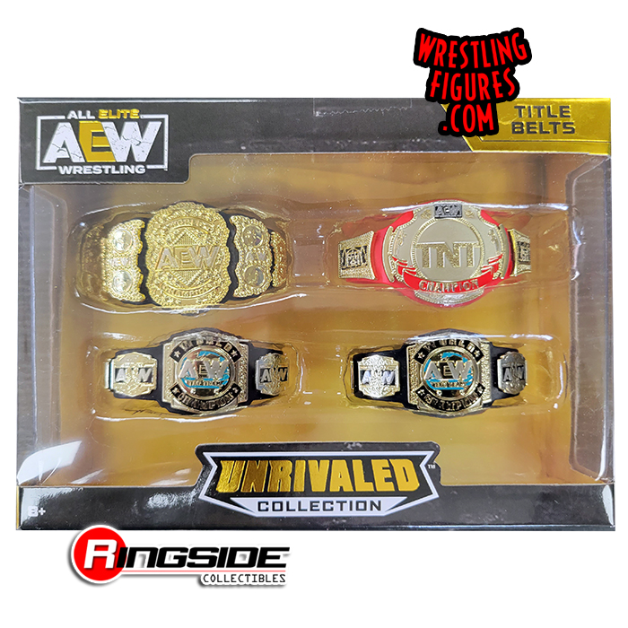 4-Pack AEW Toy Wrestling Figure Belts by Jazwares includes: AEW World Championship  Belt, EW TNT Championship Belt & (2) of the AEW Tag Team Championship Belts!