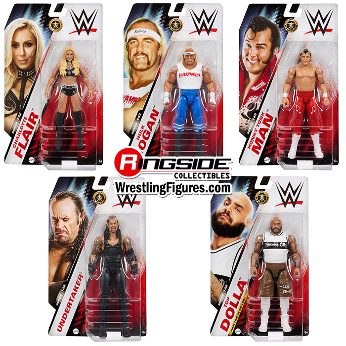 WWE Series 142 Toy Wrestling Action Figures by Mattel! This set includes:  Hulk Hogan, Undertaker, Charlotte, Top Dolla & Honky Tonk Man!