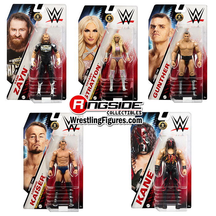 WWE Series 145 Toy Wrestling Action Figures by Mattel! This set includes:  Sami Zayn, Gunther, Tiffany Stratton, Ludwig Kaiser & Kane!